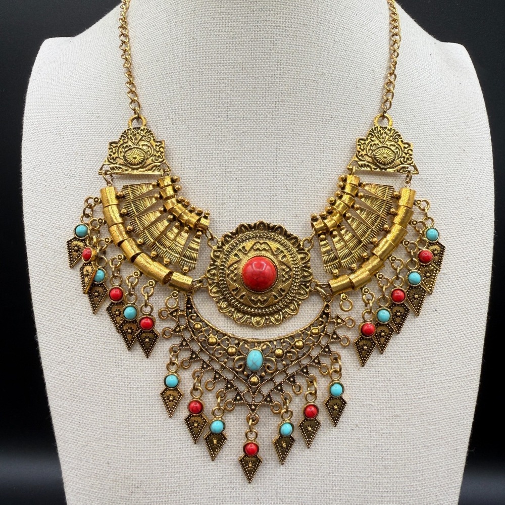 Gold Tone Tribal Bib Necklace Turquoise Blue Red Beads Boho Statement Festival